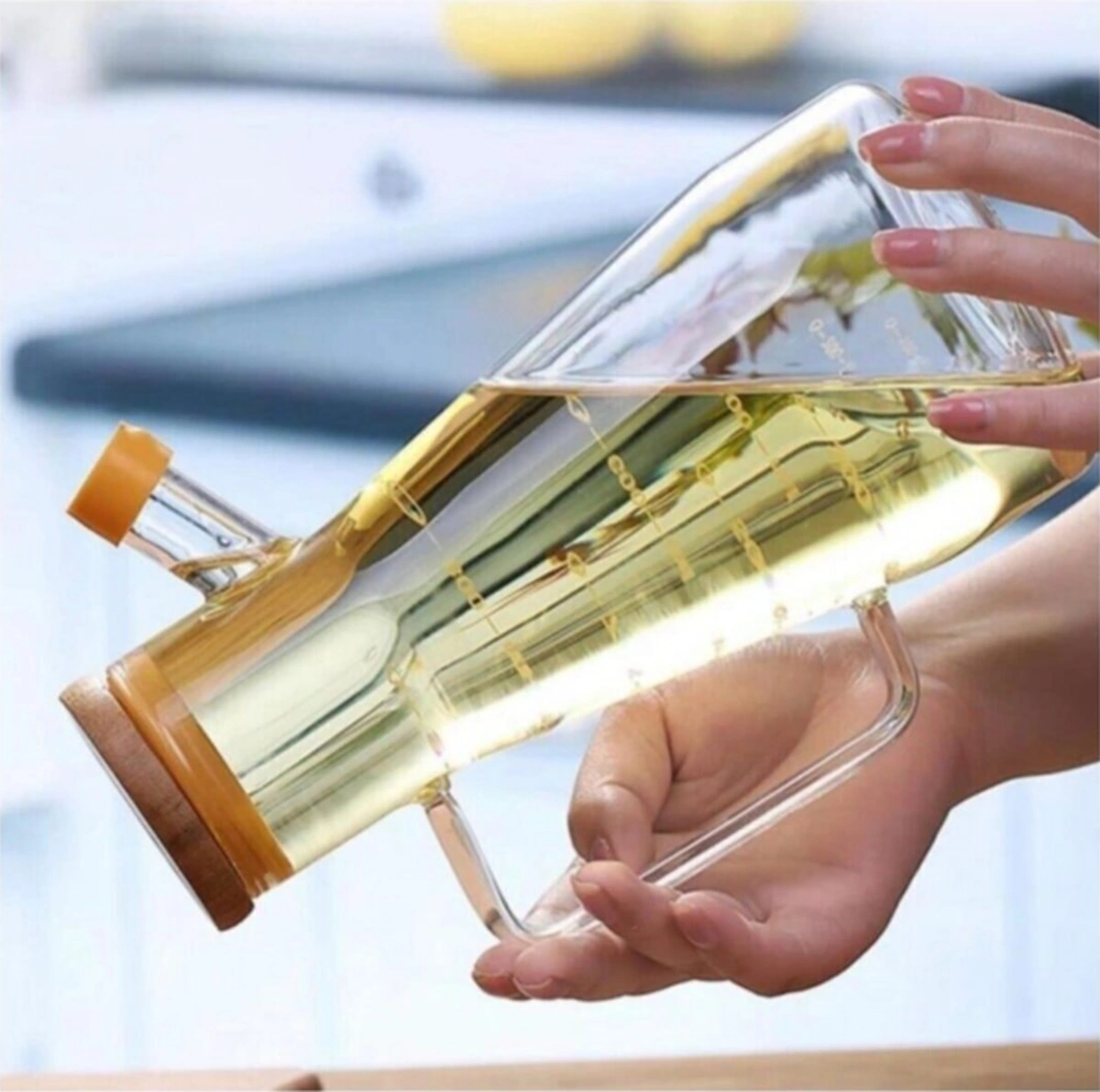 Qerhome Mermer Stantlı Borosilikat Masterchef Bambu Kapaklı Cam Yağlık 2 Li Set 900 Ml+900 Ml Şeffaf