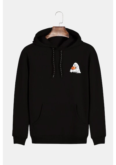 Unisex Siyah Kapüşonlu Cadılar Bayramı Minimal Baskılı Slim Fit Kanguru Cepli Sweatshirt Siyah Unisex Siyah Kapüşonlu Cadılar Bayramı Minimal Baskılı Slim Fit Kanguru Cepli Sweatshirt Siyah