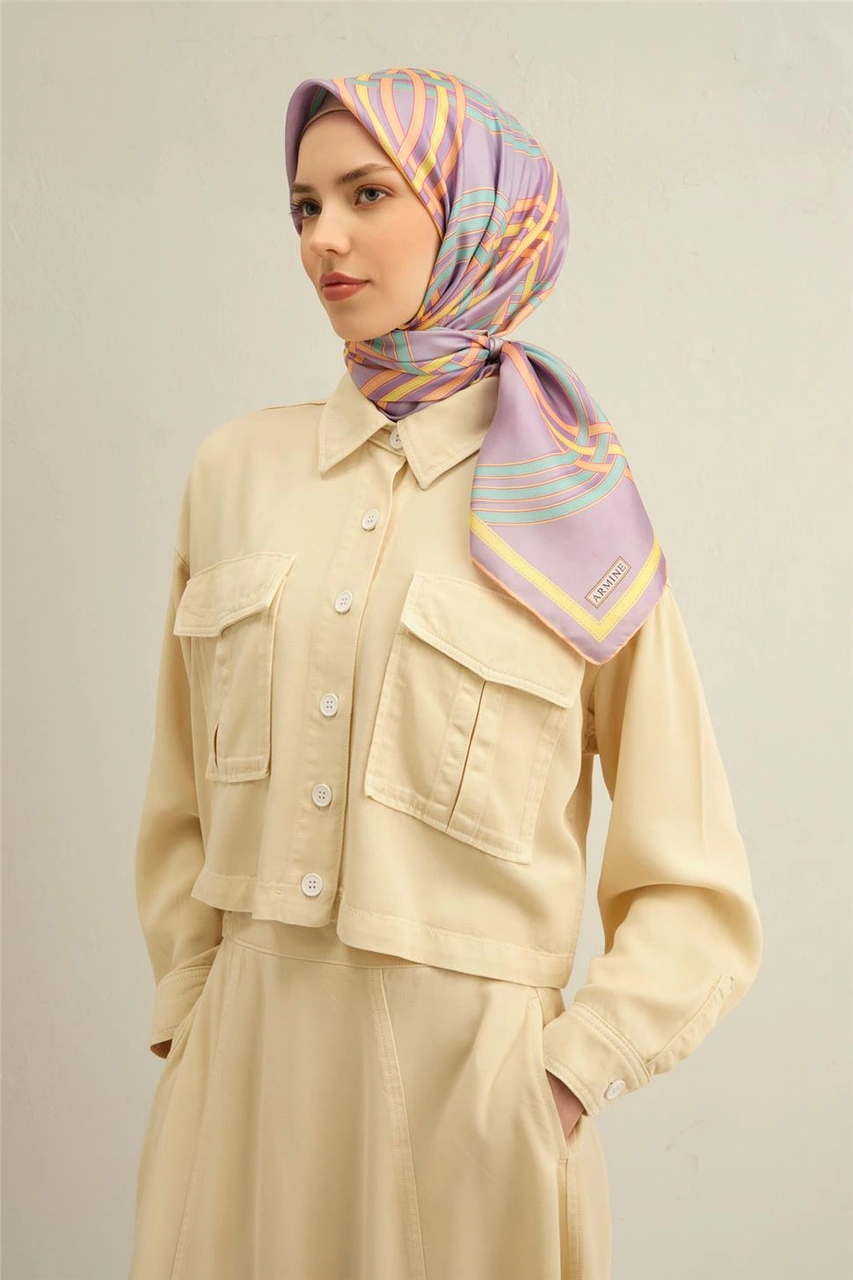 Armine Klasik Desenli Saf İpek Twill Eşarp 9333d 51 Mor
