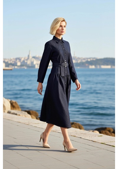Benerly Kadın Maxi Elbise Yaka Uzun Standart Kol Dökümlü Kemerli Denim Ri Mavi