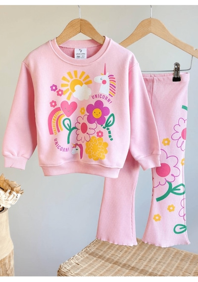 Turuncu Gardrop 2-8 Unicorn Desenli İspanyol Taytlı Kız Çocuk Takım Pembe Pembe