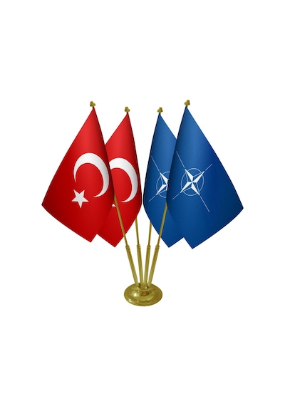 Masa Üstü Nato Bayrağı Türk Bayrağı Dörtlü Pirinç Direk Masa Bayr
