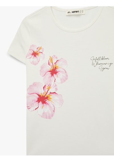 Koton Slim Fit Kısa Kollu Bisiklet Yaka Pamuklu Hibiskus Baskılı Tişört Ekru 6sal10740ık