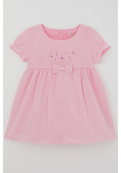 Breeze Kız Çocuk Elbise Çiçek Nakışlı Kolları Lastikli Fiyonk Aksesuarlı 1-4 Yaş , Pembe
