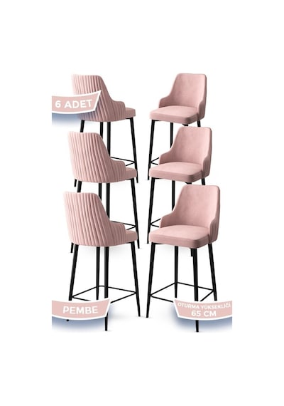 Canisa Tera Serisi 6 Pembe Sandalye 65 Cm Ada Mutfak Bar Sandalyesi Babyface Kumaş Siyah Metal Ayaklı Sandalye Pembe Ayaklar Siyah