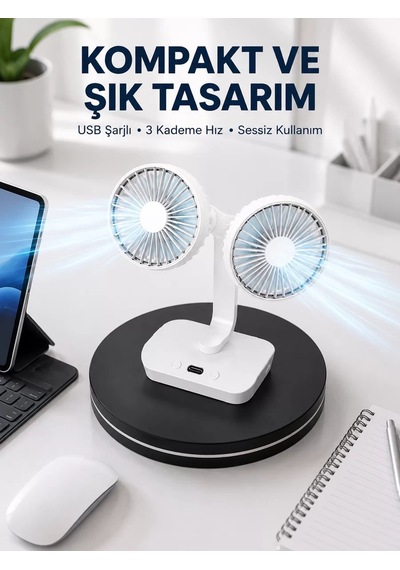 720 Döner Çift Taraflı Masaüstü Vantilatör Usb Şarjlı Sessiz F