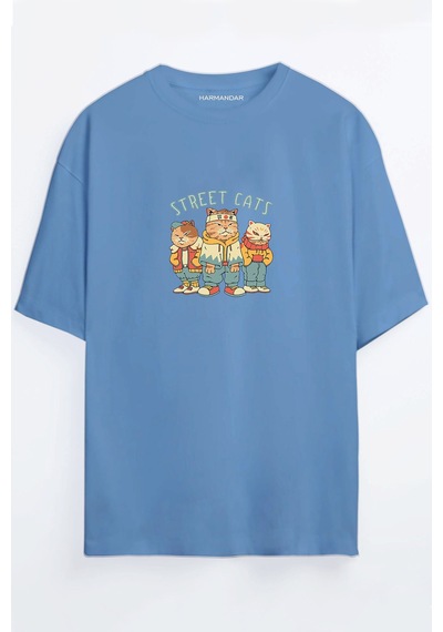 Street Cats - Sokak Kedileri Siyah - Beyaz Oversize T-shirt Mavi