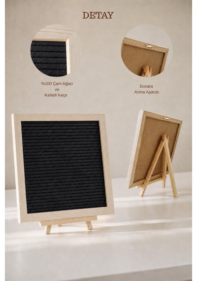 Woodart Premium Letter Board Seti, Mat Gece Siyahı Keçe Yüzeyli Doğal Çam Ahşap Yazı Panosu Şövale Standlı Dekoratif Set Siyah