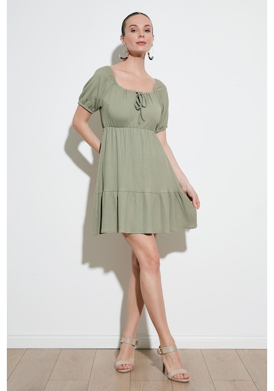Lela Önü Büzgülü Balon Kollu Mini Bayan Elbise 5869005 Olive
