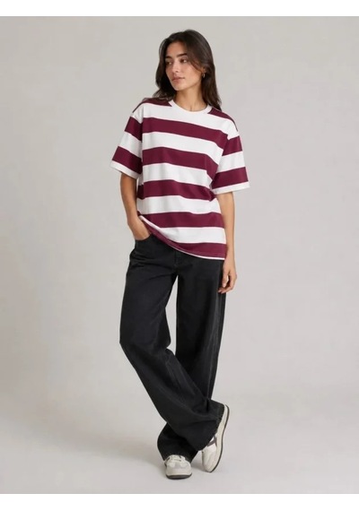 Efnaz Style Çizgili Oversize Tişört Bisiklet Yaka Kısa Kol Yazlık T-shirt - Bordo