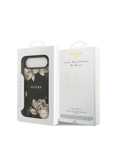 Apple Uyumlu iPhone 17 Air Kılıf Guess Lisanslı M-safeli Taneli Çiçek Tasarımlı Metal Yazı Logolu Siyah Siyah