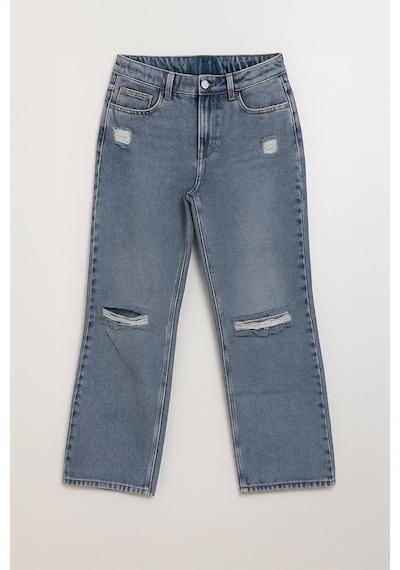 Kadın Yüksek Bel Wide Leg Yırtık Detaylı Buz Mavisi Jean Pantolon Mavi