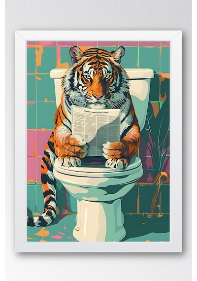 Tuvalette Gazete Okuyan Kaplan Çerçeveli Tablo - Pop Art Poster Tablo