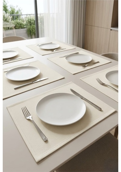 Ekru Tabak Altlığı 6'lı Amerikan Servis Seti 35x45 Cm Dikdörtgen Kumaş Supla Yemek Odası Çeyizlik