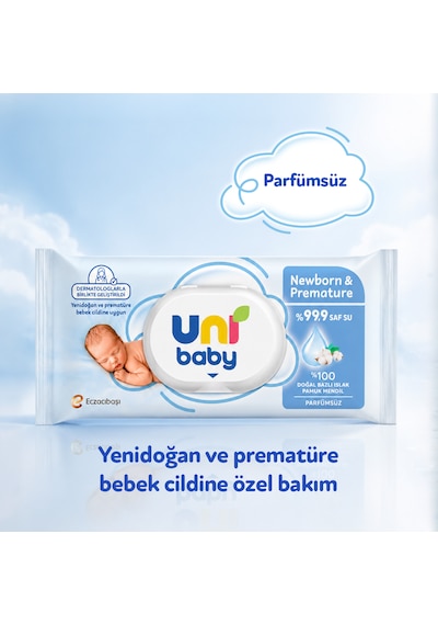 Uni Baby Newborn & Premature Yenidoğan Islak Pamuk Mendil 12x40 480 Yaprak 12'li Set