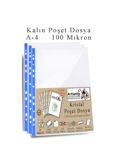 Poşet Dosya A4 Kristal 100 Adet Kalın Poşet Dosya Föy Mavi Şeritli 100 Mikron Şeffaf Belge Arşivleme Büro Ofis Okul 100 Adet