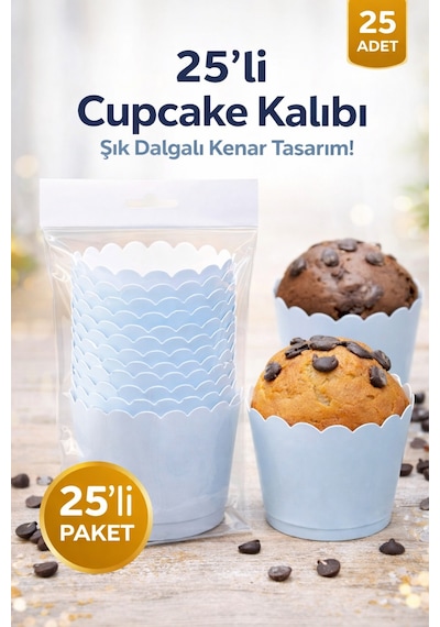 25 Li Dalgalı Kenar Cupcake Muffin Kalıbı Mavi Kek Kapsülü Mavi