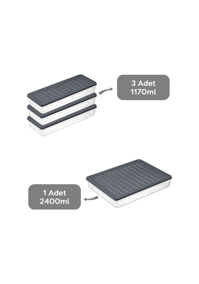 4 Parça Buzdolabı Düzenleyici Organizer Set Mikrodalga Difriz Kabı - 2 x 2400 ML 2 x 1170 ML Antrasit