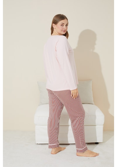 Siyah İnci Pamuklu Curve Büyük Beden Battal Boy Örme Pijama Takım 24240672 Somon