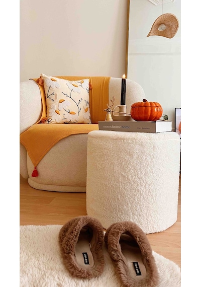 Handmade Kırık Beyaz Welsoft Kumaş Silindir Dekoratif Pufidik Puf Bench Beyaz