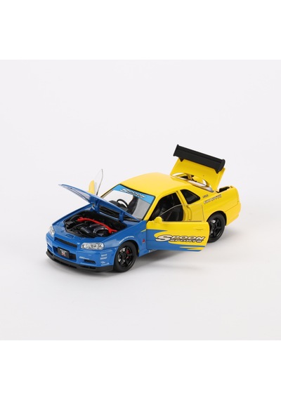 1:24 Ölçek Sesli Işıklı 4 Kapısı Kaput Ve Bagajı Açılan Stantlı Model Araç Dekalli Sarı Mavi