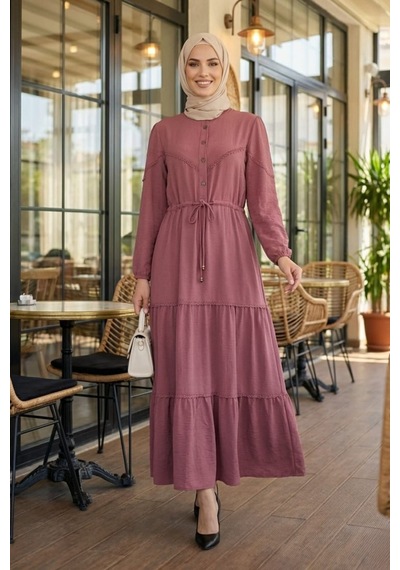 Hb Harma Time Butik Kadın Dantel Detaylı Bel Bağcıklı Pembe Ayrobin Elbise Pembe Pembe