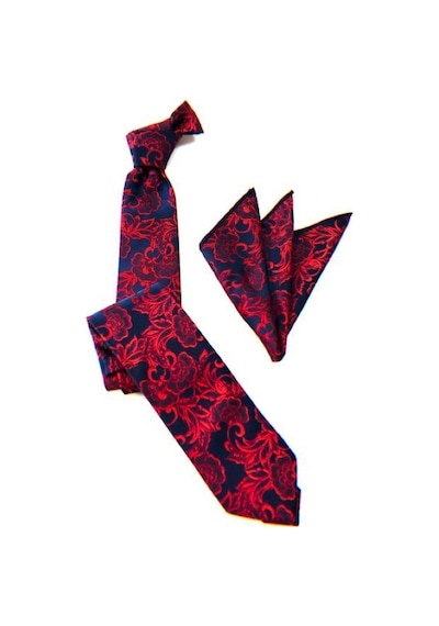 Venchy Lacivert Kırmızı Sarmaşık Desen Mendilli Kravat 2117-5Mk