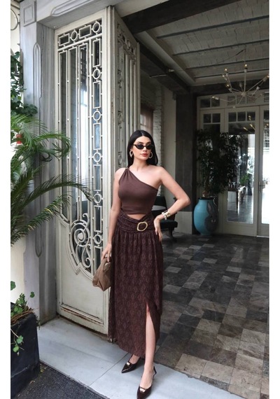 Kechi Woman Gold Aksesuarlı Dantel Uzun Etek Kahverengi
