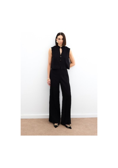 Sateen Yüksek Bel Keten Pantolon - Siyah-136160 Siyah