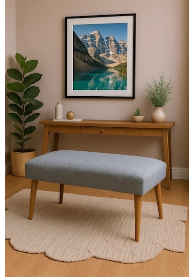 Waterybrook Bench Bank - Keten Kumaş - Ceviz Ahşap Ayaklı - 90x45 Cm - Modern Retro Tasarım - Oturma Pufu Açık Gri