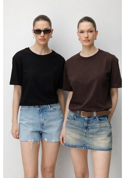 Mixray 48511 Kadın Oversize Basic %100 Pamuk 2 Li T-shirt Siyah Kahve Siyah - Kahverengi