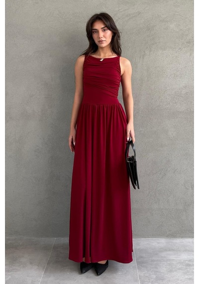 Madmext Bordo Önü Dökümlü Uzun Boy Kadın Elbise Mg2364 Bordo