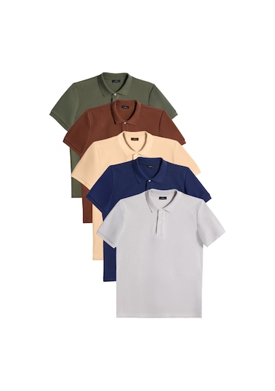 Tudors Erkek 5'li Paket Kahverengi-haki-krem-lacivert-bordo-gri Slim Fit Dar Kesim Pamuklu Düz Pike Polo Yaka Tişört-52160 Çok Renkli