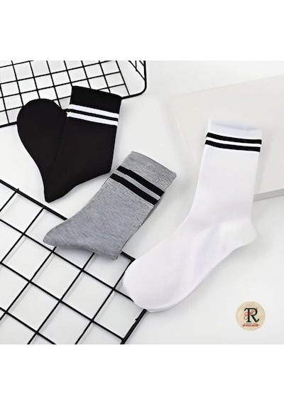 Trampler Unisex 6 Çift Çemberli Gri Siyah Beyaz Uzun Kolej Tenis Çorap Çok Renkli