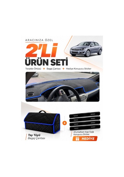 E-biz Opel Astra H 2003-2014 Uyumlu Torpido Örtüsü + Tay Tüyü Bagaj Çantası - Siyah-mavi - Op003