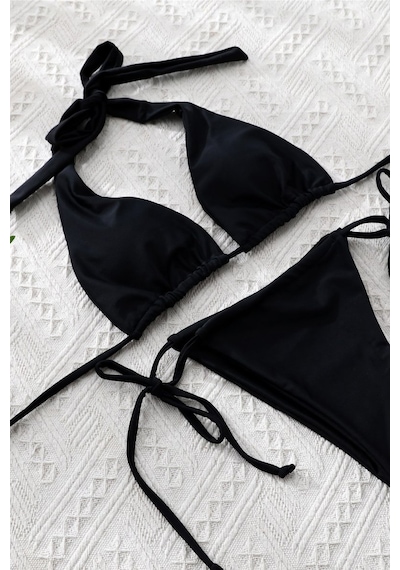 Kadın Siyah Yandan Bağlamalı Tangalı Üçgen Bikini Mayo Takımı