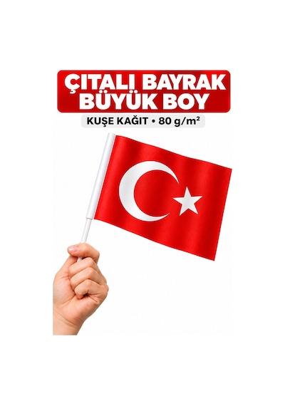 Çıtalı Bayrak Kağıt Büyük 29x21 Cm 40 Adet Ay Yıldızlı Türk Bayrağı Çıtalı Sopalı Bayrak Plastik Çubuklu Bayrak Bayram 21 x 29 CM