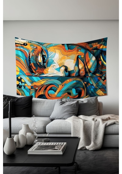 Renkli Soyut Yüzler Desenli Duvar Halısı Duvar Örtüsü Tapestry Süet Dokulu Kumaş