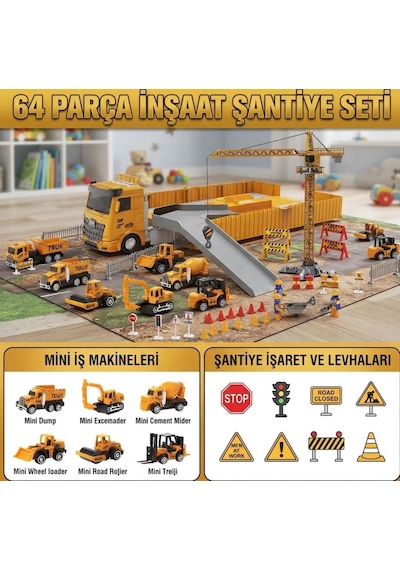 64 Parça Dev İnşaat Şantiye Seti: Sesli Işıklı Açılır İş Makineli Vinçli Aksesuarlı Şantiye Seti