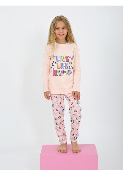 Kız Çocuk Uzun Kollu %100 Pamuklu Pijama Takımı Happy Life SOMON