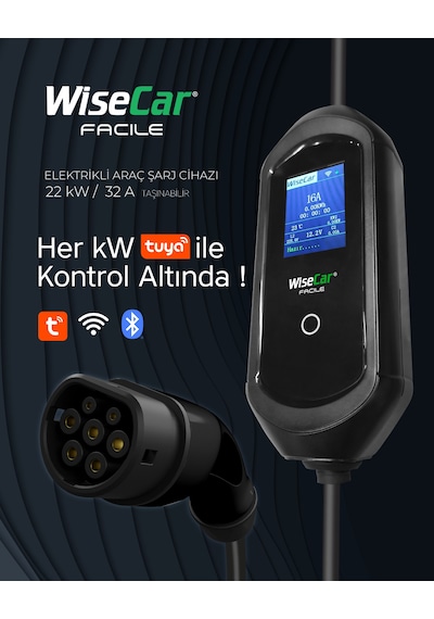 Wisecar Facile 22 Kw 32a Mobil Uygulamalı Taşınabilir Elektrikli Araç Şarj Cihazı Tuya Smart Wifi + Bluetooth 11-22kw