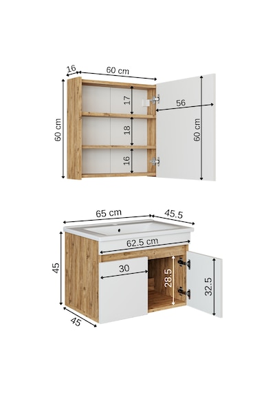 Roomart '' Lavabolu '' Atlantik-beyaz Mat Mdf 65 Cm Banyo Dolabı Atlantik Çam - Beyaz