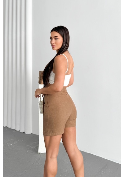 HLT Jeans Kahverengi Kadın Slim Yandan Fermuarlı Yüksek Bel Kısa Keten Şort Etek Mia-4555 Kahverengi