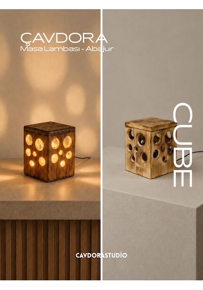 Masa Lambası - Abajur - Cube Yanık Ahşap