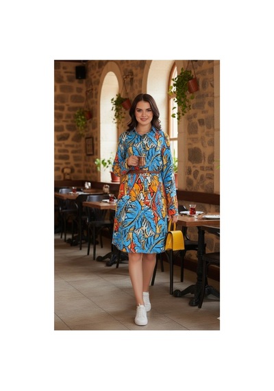 Polologin Butik Tropikal Desenli Mavi Gömlek Elbise Diğer