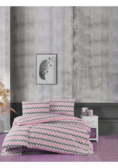 Lotus Home Zigzag Desen Lüks Pamuklu Tek Kişilik Nevresim Takımı Seti Pembe