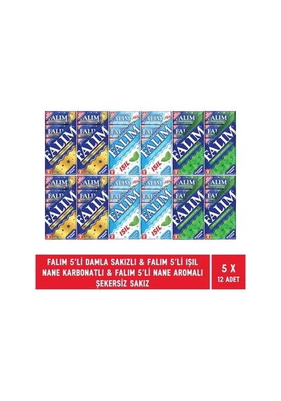 Falım Damla Sakızı & Işıl Nane Karbonatlı & Naneli Şekersiz Sakız 12 x 5'li