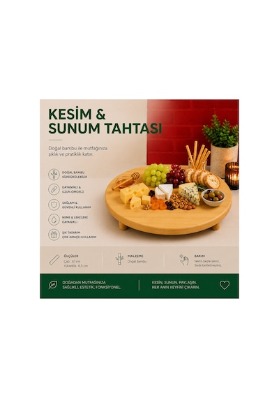 Bambu Kesim Ve Sunum Tahtası I Yuvarlak, Yükseltili Demonte Ahşap Servis Standı Ve Kesim Tahtası Kahverengi2