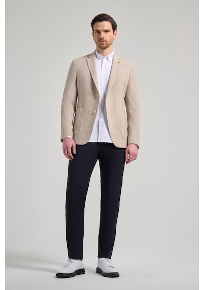 İmza Çizgili Desen Gofreli Mono Yaka Esnek 6 Drop Slim Fit Ceket 1002250122 Koyu Bej