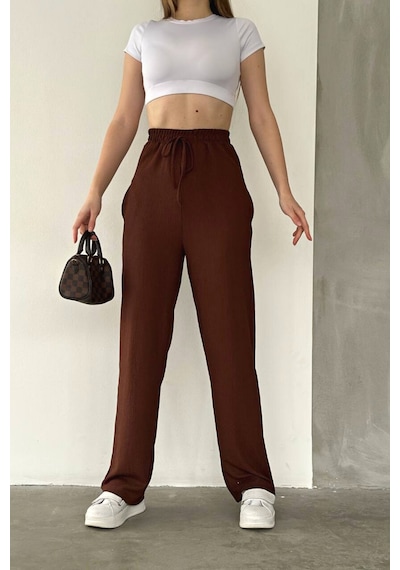 Trend Alisse Beli Lastikli Cepli Bol Paça Kadın Pantolon Kahverengi